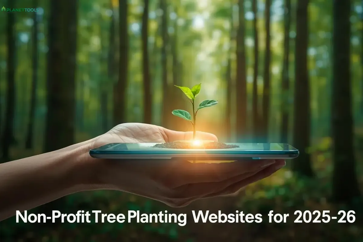 A hand holds a sapling growing from a tablet, symbolizing how PlanetTools guides you to the best non-profit tree planting websites to restore forests.