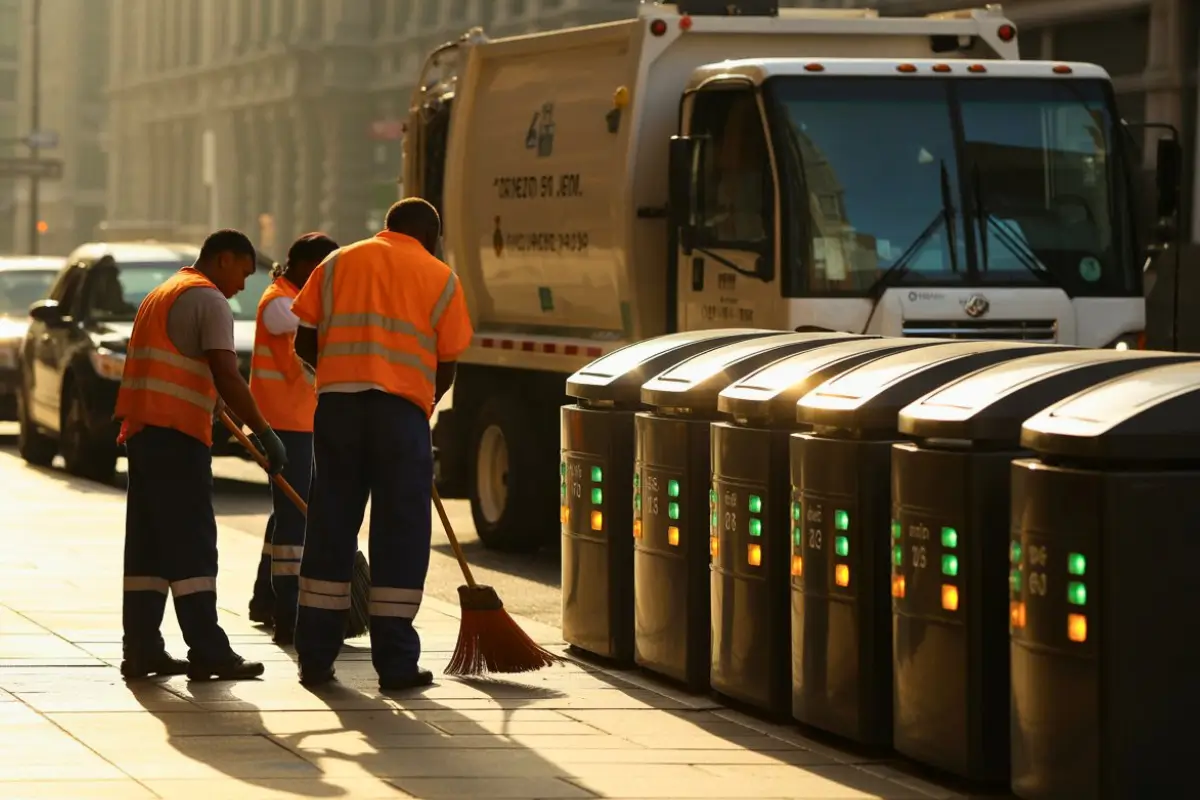 Municipal sanitation crew sweeping a city sidewalk and servicing solar-powered smart waste bins at dawn