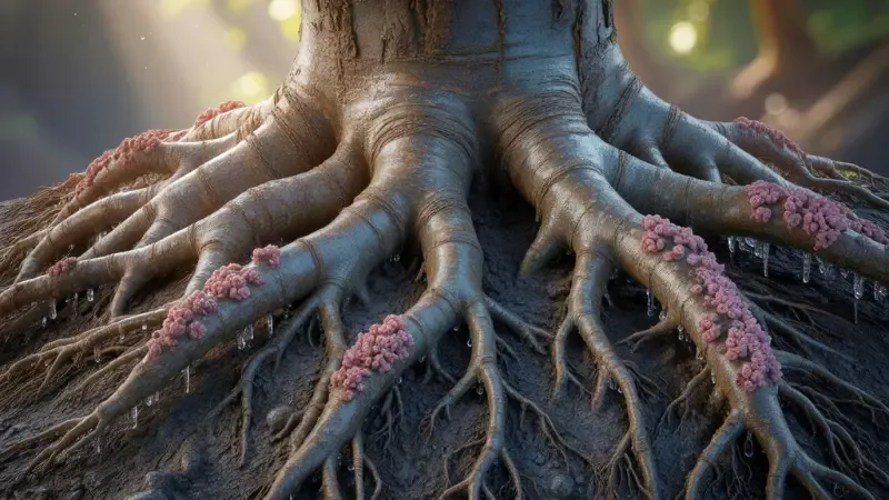 Close-up 3D render of legume tree roots showing nitrogen-fixing nodules that convert atmospheric nitrogen for soil health.