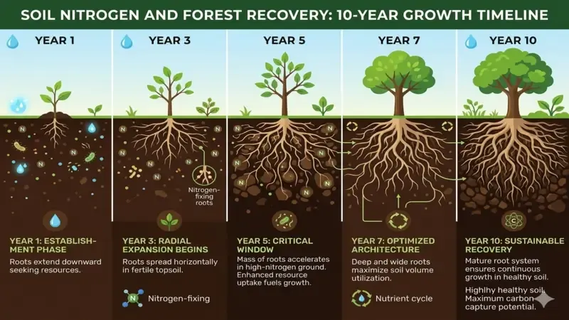 Illustration showing the critical 10-year growth window where nitrogen has the highest impact on tree development.