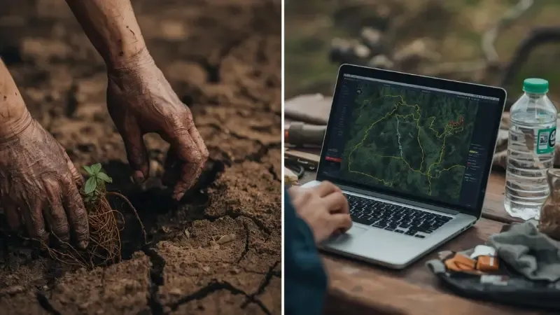 Mud-covered hands planting a tree sapling in dry cracked soil with a drone GPS flight path map visible on a laptop in the field background showing how modern reforestation combines manual care with autonomous drone seeding technology