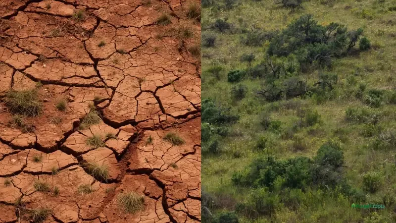 Split-screen image showing dramatic transformation of an eroded desert hillside into a stabilized, vegetated landscape after one year of restoration.