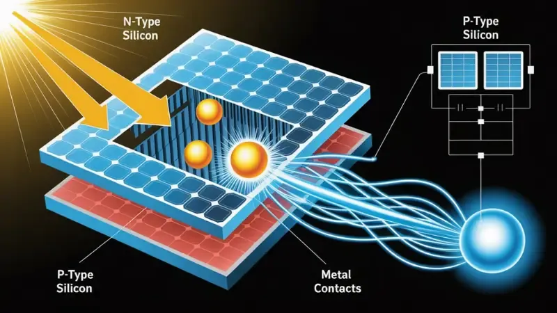 Diagram of the photovoltaic effect: sunlight freeing electrons in a solar cell to create electricity.