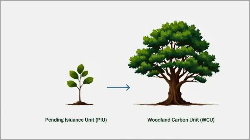 Infographic showing the transition from unverified Pending Issuance Units to fully verified Woodland Carbon Units as a tree matures.